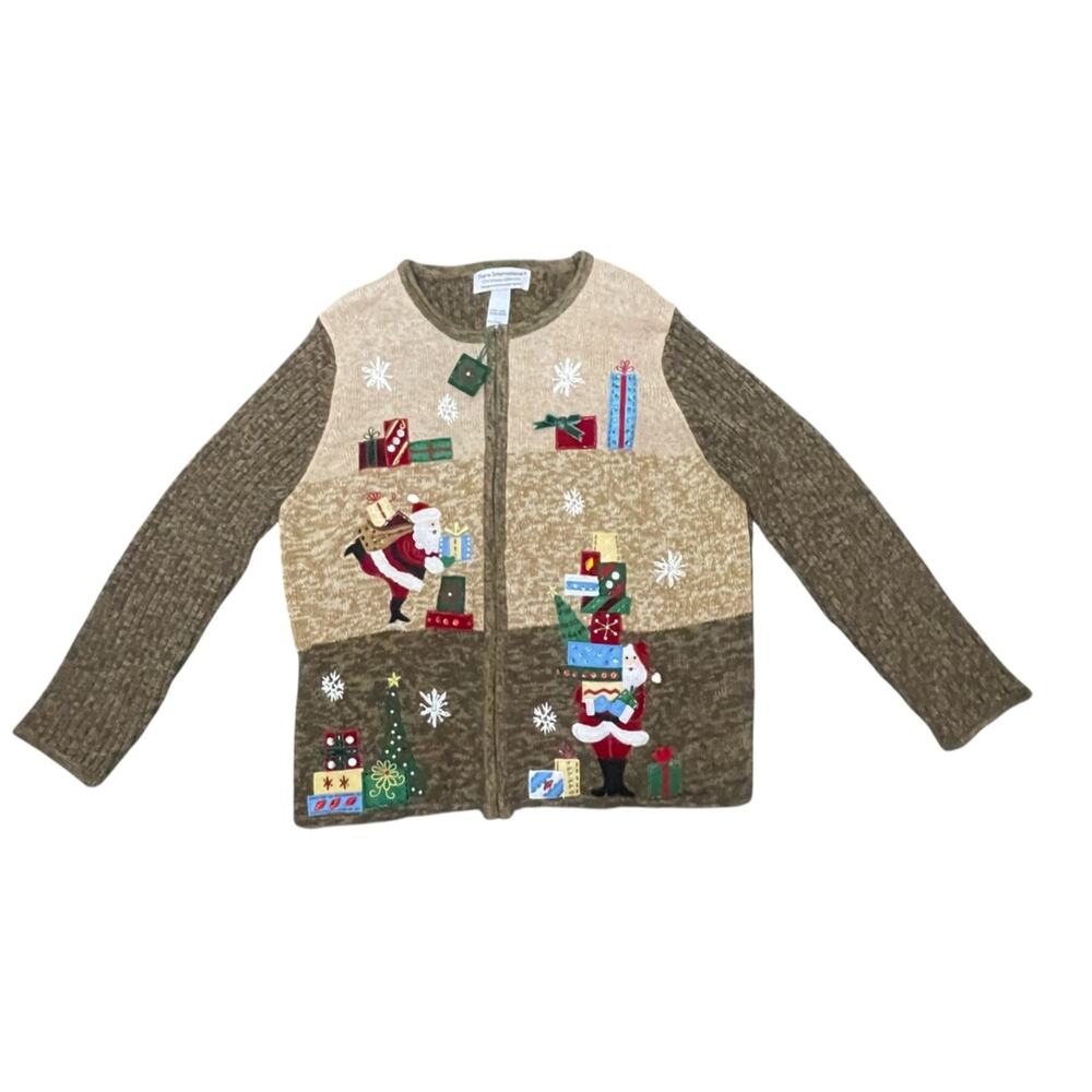 Tiara International Womens Brown Christmas Cardigan Sweater Full Zip Santa XL